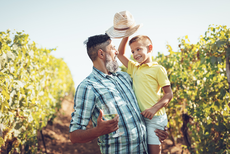 Father and son in vineyard in the sunshine.